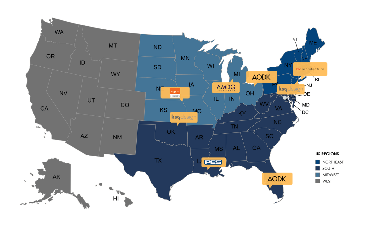 Map of US Regions with Stonewall Group Brand Locations