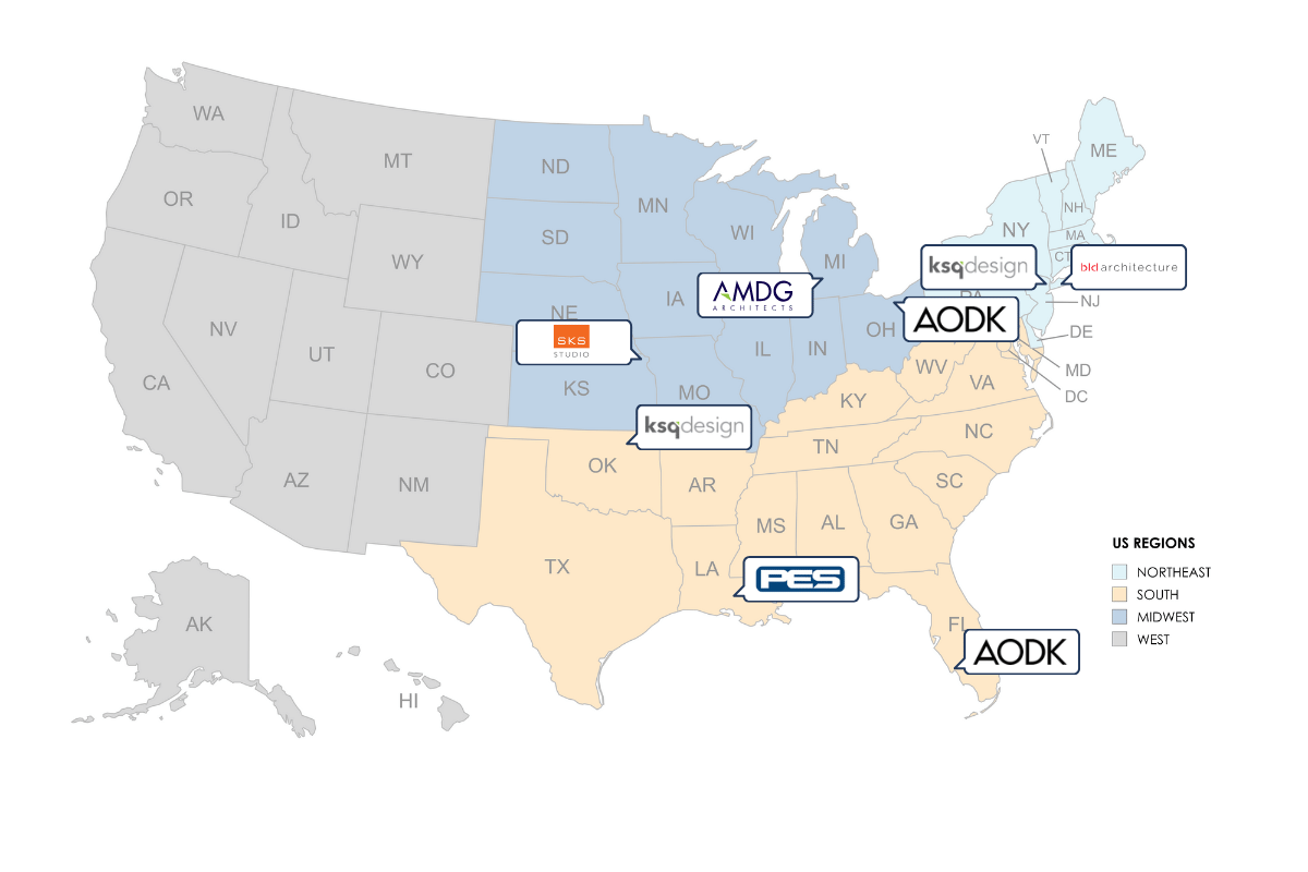 Map of Four US Regions with Stonewall Group Brand Locations