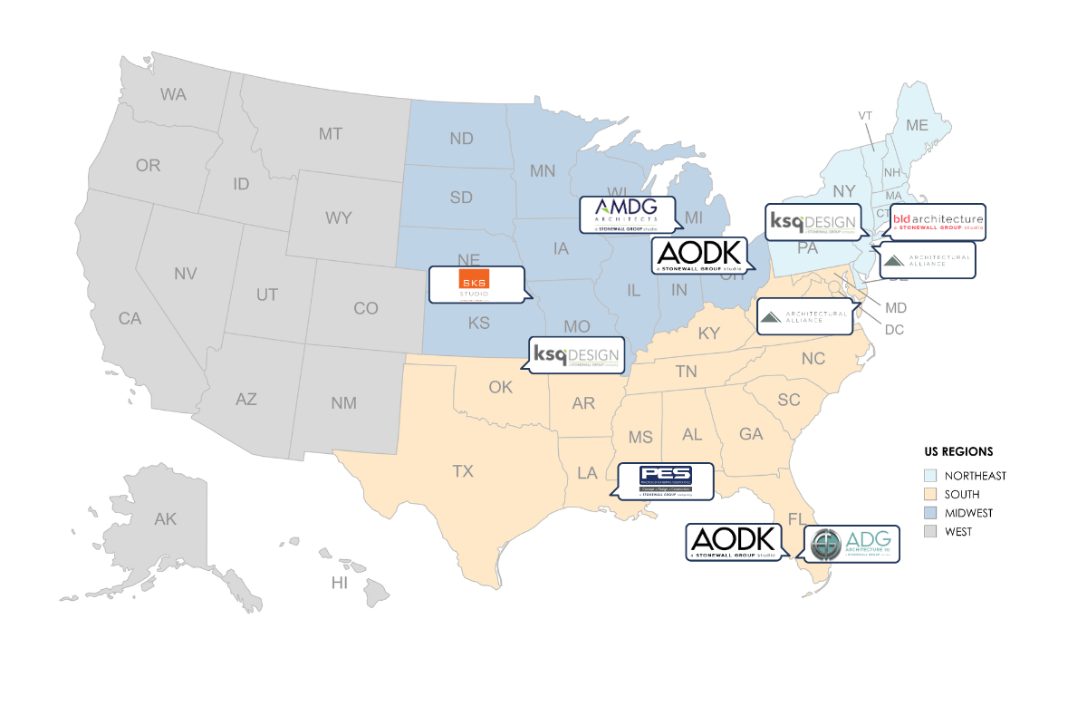 Map of Four US Regions with Stonewall Group Studio Locations in Louisiana, Delaware, Pennsylvania, Missouri, Michigan, New York, Oklahoma, Ohio, and Florida