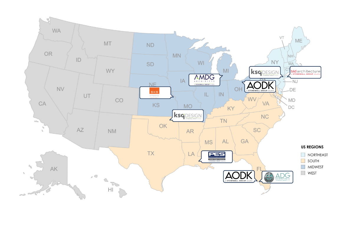 Map of Four US Regions with Stonewall Group Studio Locations